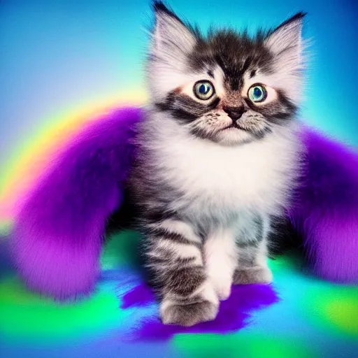 Prompt: cute fluffy kitten with rainbow fur and fluffy octopus legs, cinematic lighting, portrait, digital art,