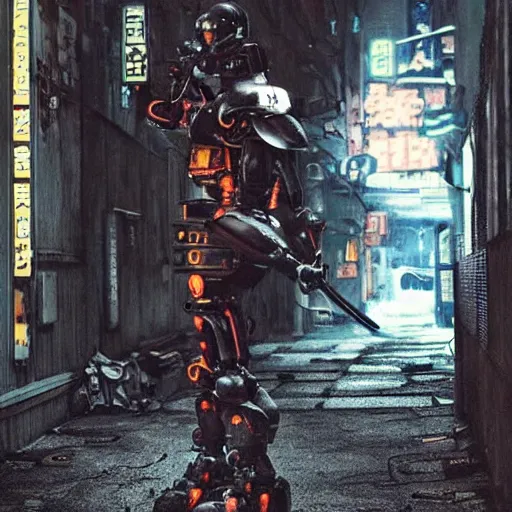 Prompt: a samurai robot with wheel legs gripping a perfectly detailed katana in their hand with a badass pose. Snowy Grungy neon cyberpunk alleyways in the background Badass pose , Photo realistic , Gregory Crewdson , Award winning. Masterpiece, exquisite detail, post processing