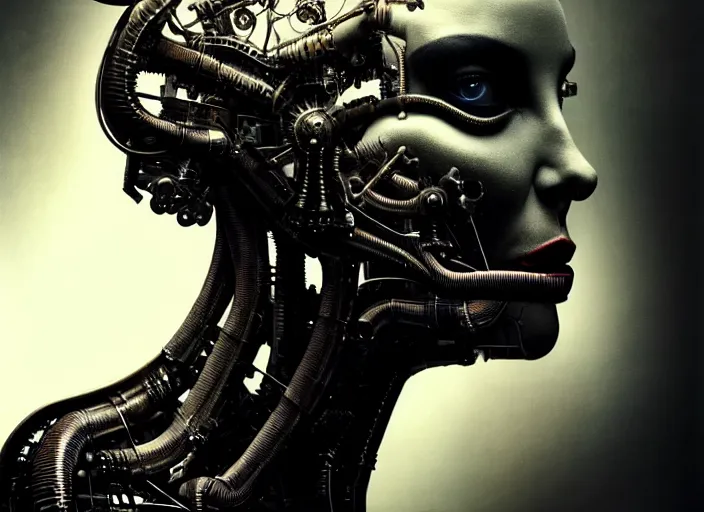 Image similar to a female cyborg profile face, by h. r. giger, by ismail inceoglu, by kiki smith, glamor shot, ambrotype, closeup, f / 2. 8, low contrast, 1 6 k, rim lighting, cinematic lighting, insanely detailed and intricate, hypermaximalist, elegant, ornate, hyper realistic, super detailed