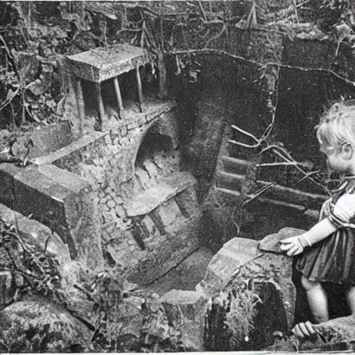 Image similar to photograph of two children looking down into an old stone well in the middle of an overgrown forest. in the well, the corpse of a mysterious fleshy beast float on the water with a claw reaching up