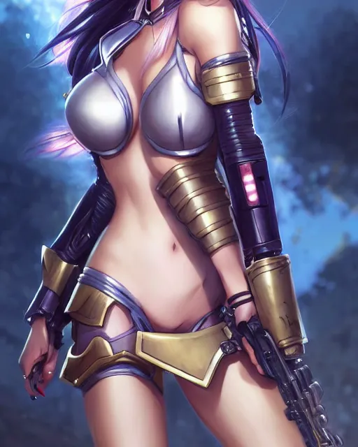 Image similar to portrait Anime Girl in bikini armor cute-fine-face, pretty face, realistic shaded Perfect face, fine details. Anime. Warhammer, futuristic, cyberpunk realistic shaded lighting by katsuhiro otomo ghost-in-the-shell, magali villeneuve, artgerm, rutkowski Jeremy Lipkin and Giuseppe Dangelico Pino and Michael Garmash and Rob Rey