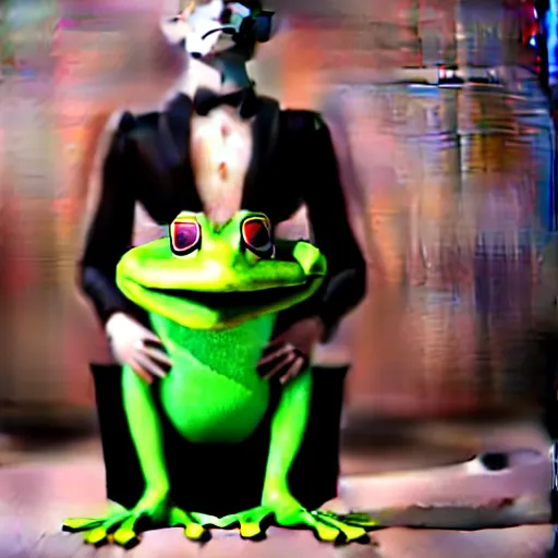 Image similar to a frog in a tuxedo suit holding a suitcase, hyperrealistic, octane render, 3D