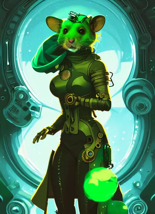 Image similar to style artgerm, joshua middleton, illustration, anthropomorphic hamster steampunk cyborg arms, green fur, swirling water cosmos, fantasy, dnd, cinematic lighting