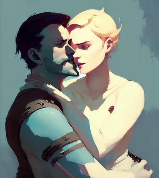 Prompt: portrait of anders from dragon age hugging a beautiful woman by atey ghailan, by greg rutkowski, by greg tocchini, by james gilleard, by joe fenton, by kaethe butcher, dynamic lighting, gradient light blue, brown, blonde cream and white color scheme, grunge aesthetic