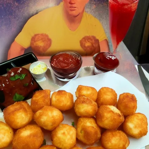 Prompt: food photo of channing tatum's face as giant tater tot on a plate with ketchup