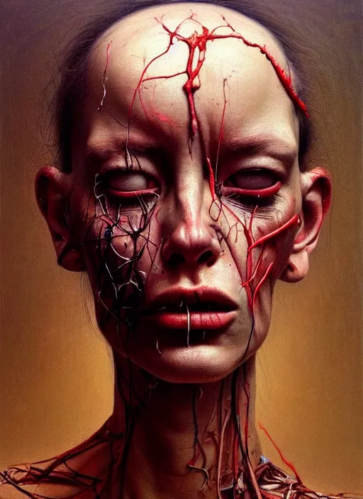 Image similar to there is ugliness in beauty, but there is also beauty in ugliness detailed portrait painting inspired by beksinski and alex gray, accurate anatomy by jenny saville, edward hopper trending on artstation. 8 k