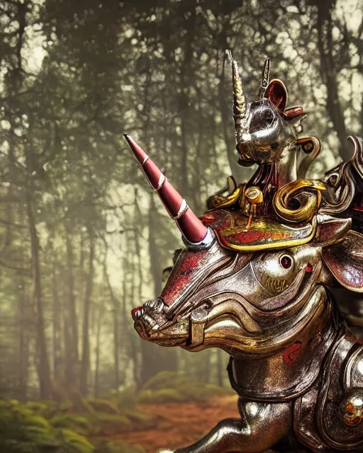 Prompt: highly detailed closeup of a tin toy unicorn in a fairytale forest, depth of field, fashion photoshoot by hyung tae, frank frazetta, bosch, giger, breathtaking, detailed and intricate environment, 8 k resolution, hyperrealistic, octane render