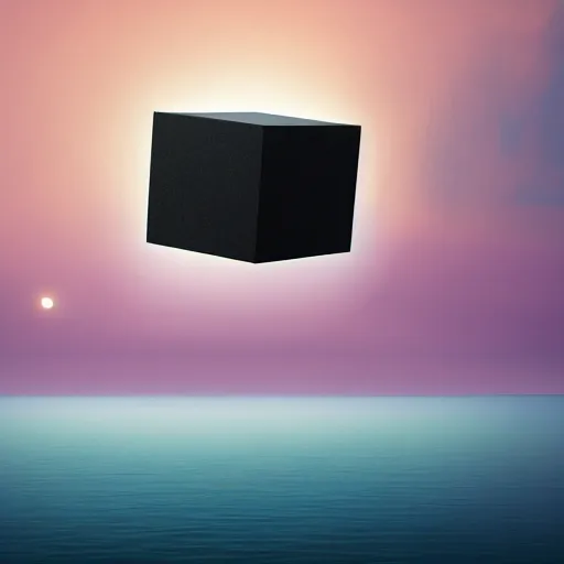 Prompt: largely animated black cube sits in the air, levitating above a pristine lake with a background of residual peaceful mountains, robustly intricate oil painting, 4 k quality, trending on artstation