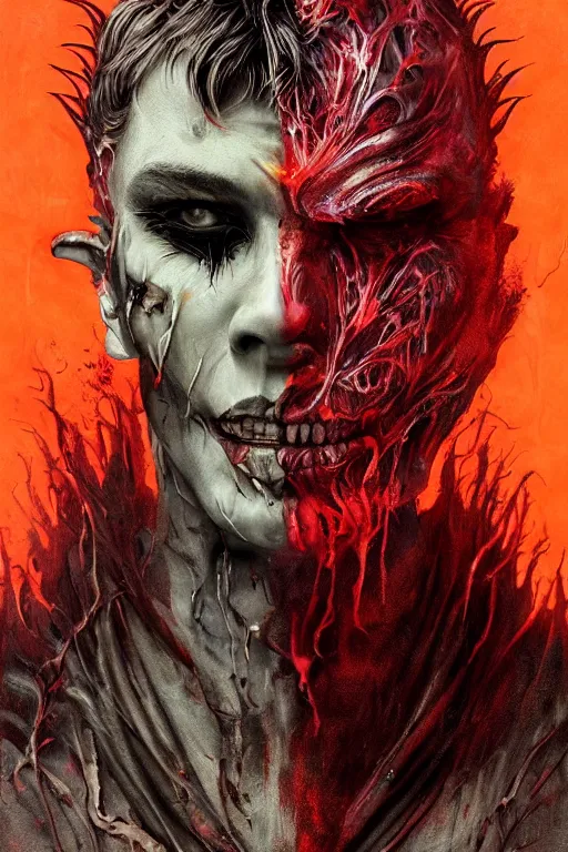 Image similar to nightmare portrait of the Devil Lucifer demon,full character, melting ,8k,by tristan eaton,Stanley Artgermm,Tom Bagshaw,Greg Rutkowski,Carne Griffiths, Ayami Kojima, Beksinski, Giger,trending on DeviantArt,face enhance,hyper detailed,minimalist,horror, android, full of colour