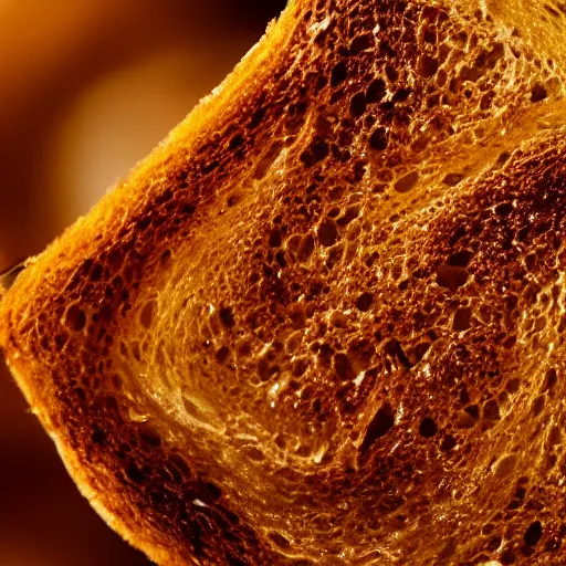 Prompt: an extreme close up of a piece of toast, 80mm macro lens