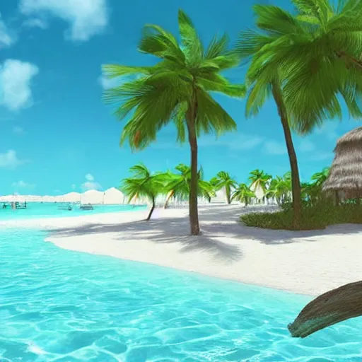 Prompt: “Nassau Bahamas beach, unreal engine 5 concept art, swaying palms and blue water and white sand,”