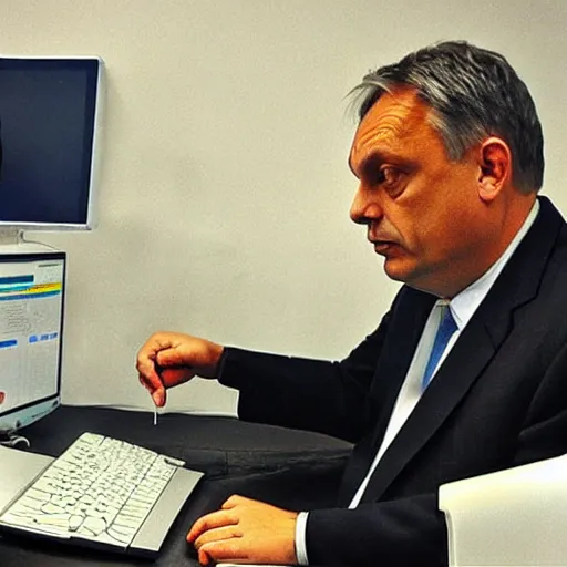 Image similar to viktor orban programming on a computer in a cubicle, oil painting