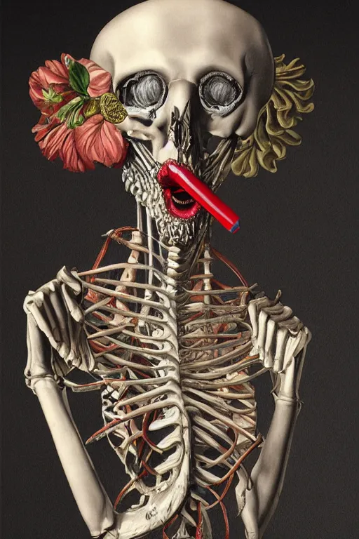 Image similar to Detailed maximalist portrait a Greek god with large lips wearing lipstick, smoking and with large white eyes, exasperated expression, skeletal with extra fleshy bits, botany, high fashion HD mixed media 3d collage, highly detailed and intricate, surreal illustration in the style of Caravaggio, dark art, baroque