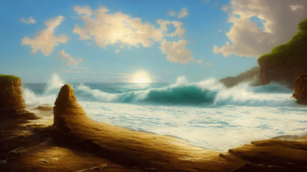 Image similar to first person view of breaking waves on the shore, summer, clear beautiful sky, sea breeze rises in the air, by andreas rocha and john howe, and Martin Johnson Heade, featured on artstation, featured on behance, golden ratio, ultrawide angle, f32, well composed