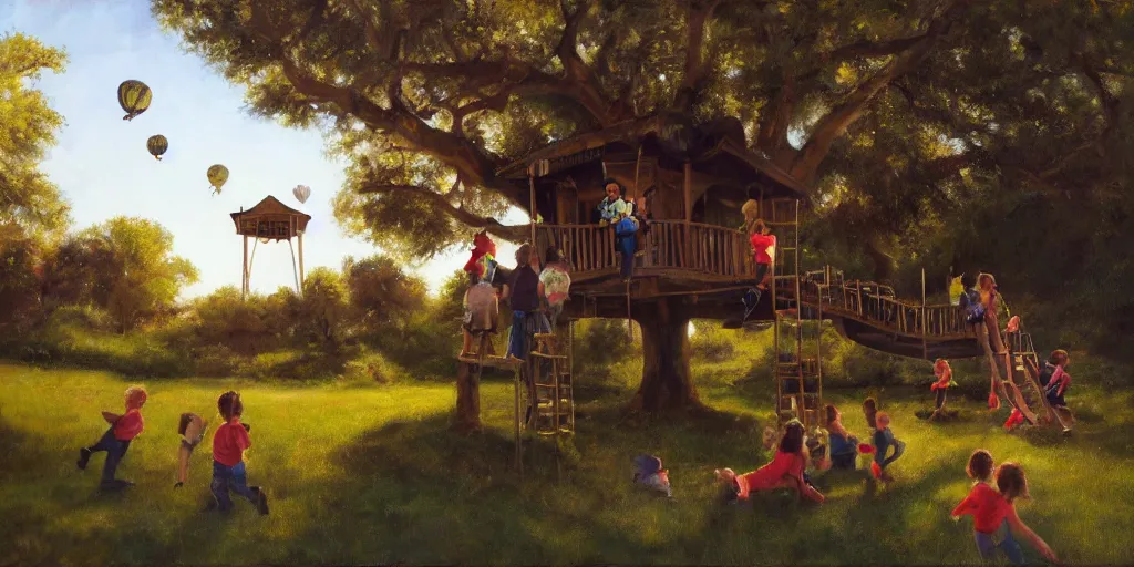 Image similar to masterful oil on canvas painting, eye - level view, shot from 5 0 feet distance, of kids playing in a treehouse. in the background human children run around having fun. golden hour, detailed, depth, volume, chiaroscuro, quiet intensity, limited color palette. in the background there are a couple of balloons floating in the sky.