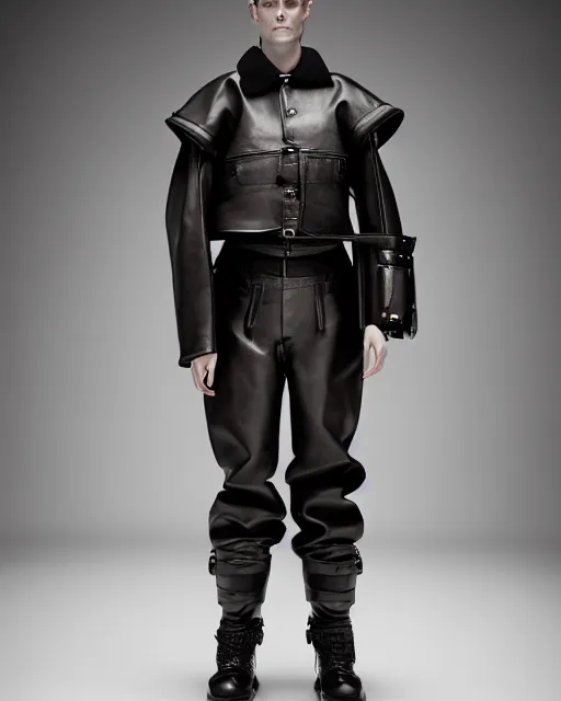 Image similar to an award - winning editorial photo of an irradecent extremely baggy cropped short ancient medieval designer menswear leather police jacket with an oversized collar and baggy bootcut trousers designed by alexander mcqueen, 4 k, studio lighting, wide angle lens