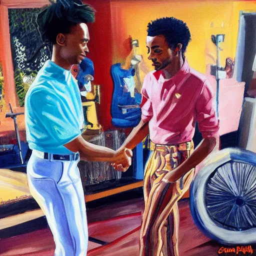 Prompt: painting of Steve Lacy shaking hands with Playboi Carti