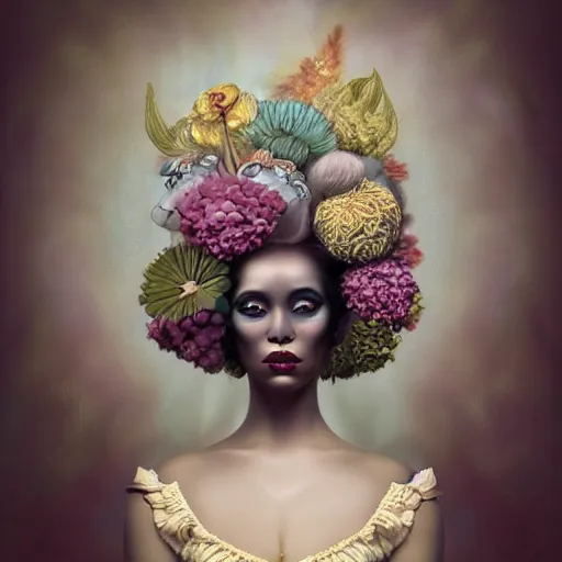 Prompt: of a woman with a afro , surreal Portrait inspired by Natalie Shau, Anna dittmann, plants growing on the head, horns,cinematic