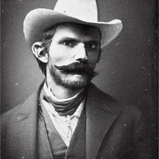 Image similar to A photograph portrait of Jerma985 as a cowboy with a pyramidal mustache in the late 1800s, taken in the late 1800s, 1870s, grainy, taken on a Field View Camera, realistic, hyperrealistic, very realistic, highly detailed, very detailed, extremely detailed, detailed, digital art, trending on artstation