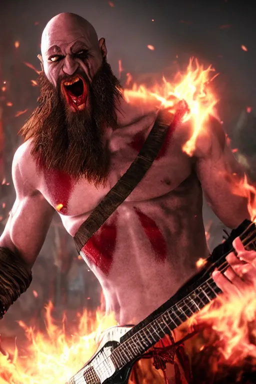 Prompt: screaming kratos rocking out on a flaming stratocaster guitar, cinematic render, god of war 2 0 1 8, playstation studios official media, lightning, flames, left eye stripe, left eye stripe, clear, coherent