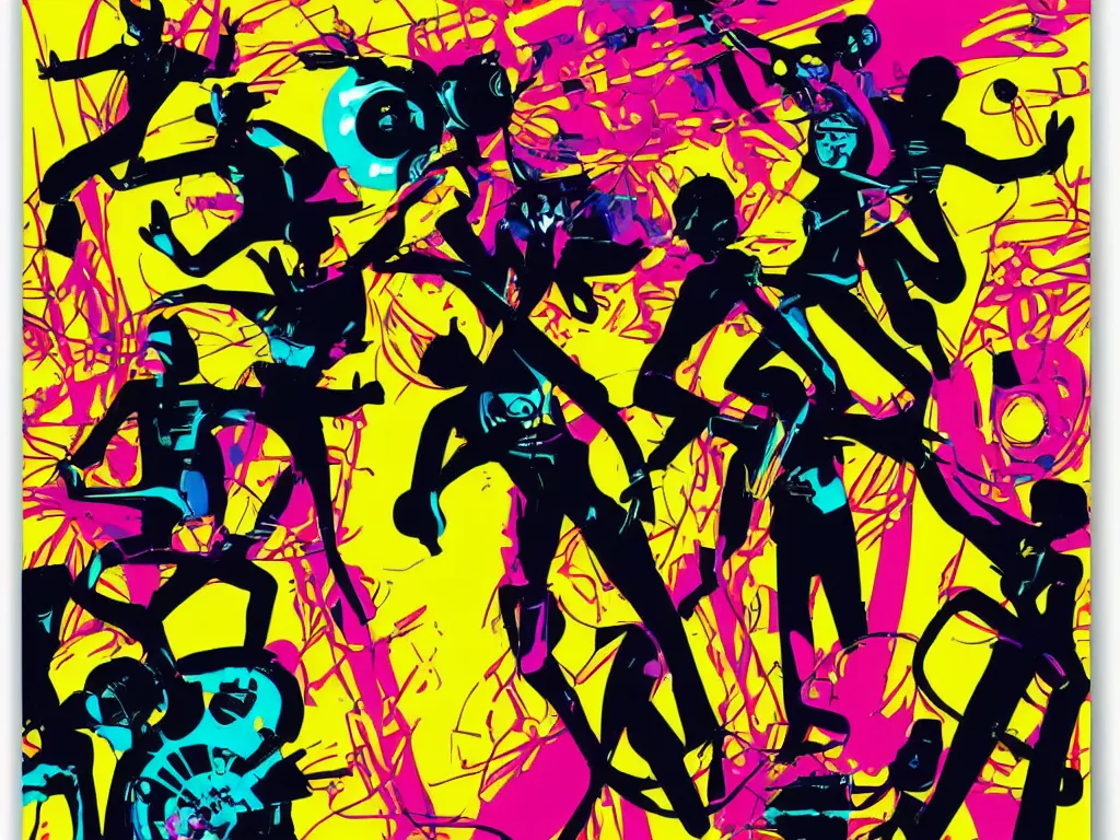 Prompt: Science fiction disco in silhouette, 1960s pop art with bold, bright colors by Evelyne Axell.