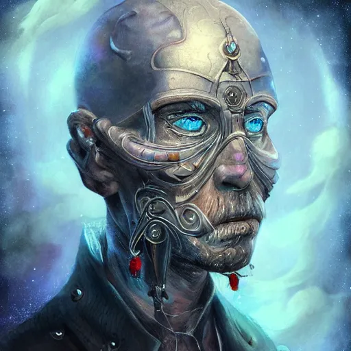 Image similar to a WLOP 3d render of Very very very very highly detailed mystic, enigmatic, strange portrait of a phantom warrior with galaxy, tattoos by Anton Pieck, intricate, extremely detailed, digital painting, artstation, concept art, smooth, sharp focus, illustration, intimidating lighting, incredible art,