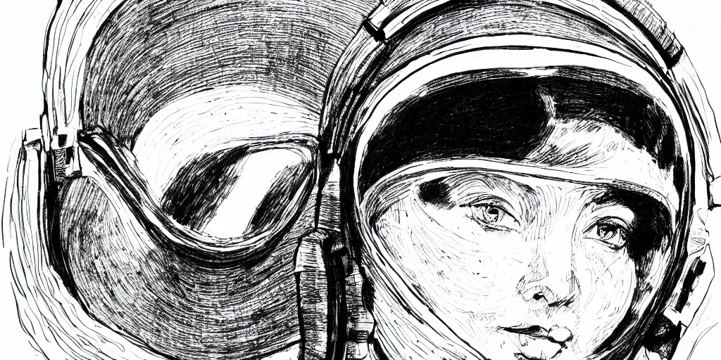 Image similar to ink lineart drawing portrait of a woman wearing a space helmet, closeup of her eyes, space background, artstation, etchings by goya, chinese brush pen, illustration, high contrast, deep black tones contour