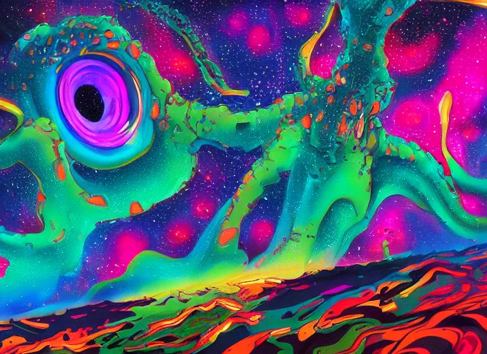 Prompt: a painting of many synthwave colors and blobby shapes, an ultrafine detailed painting by unkoku togan, pixiv contest winner, space art, cosmic horror, lovecraftian, psychedelic