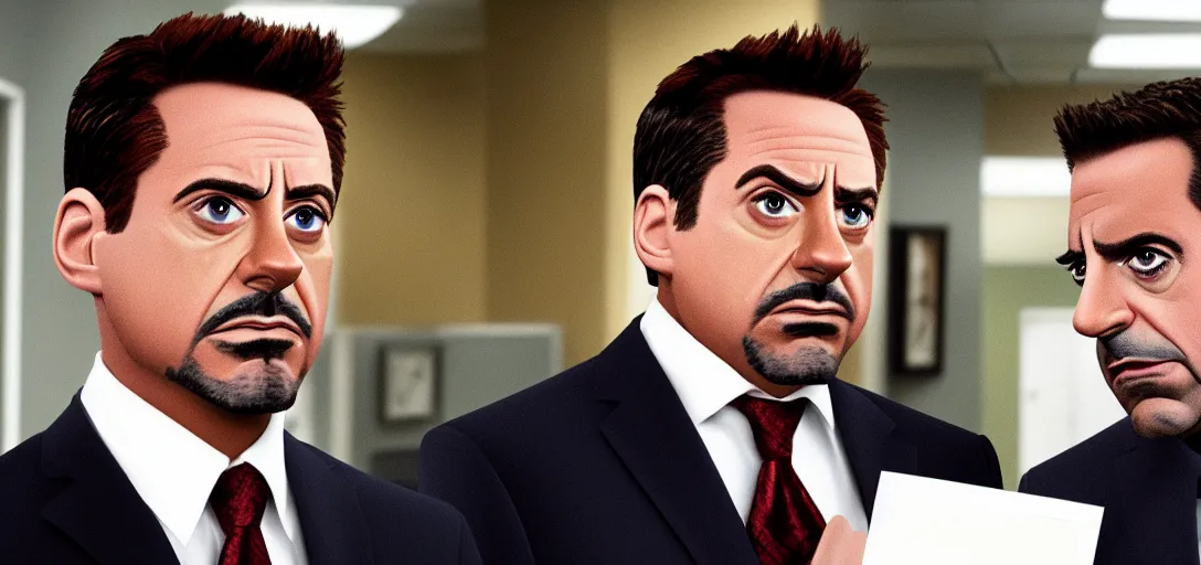 Image similar to a very high resolution image of tony stark and micheal scott. from an episode of the office. photorealistic, photography