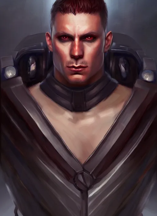 Man with dark medium hair cyberpunk mercenary streetwear muscular soldier  fighter tactical face portrait