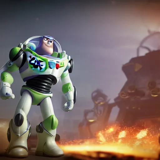 Image similar to Buzz Lightyear in 'Gears of War', splash art, movie still, cinematic lighting, detailed face, dramatic, octane render, long lens, shallow depth of field, bokeh, anamorphic lens flare, 8k, hyper detailed, 35mm film grain