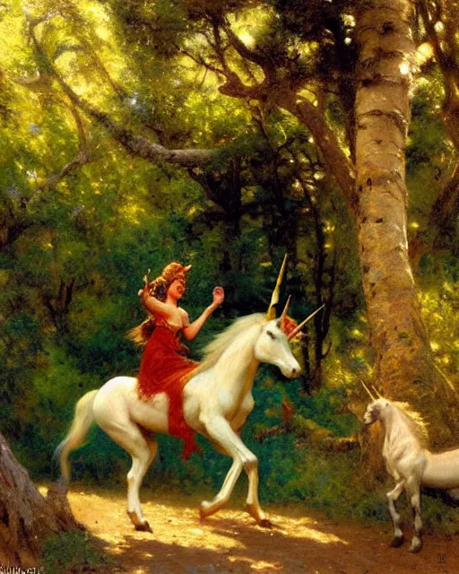 Prompt: a wild unicorn rears and points its hooves at an approaching wildcat, enchanted forest, painting by gaston bussiere, craig mullins, j. c. leyendecker