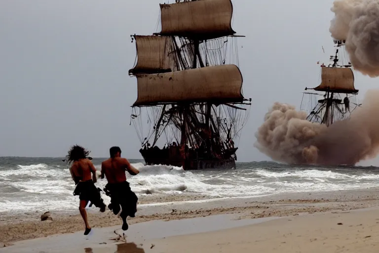 Prompt: closeup pirate couples running down beach as pirate ship fires canons, sand explosion by emmanuel lubezki