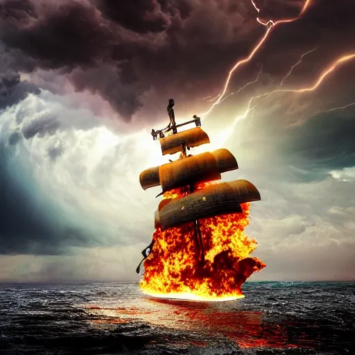 Image similar to burning ocean, storm, dramatic sky, waves, dark, flame, pirate sail ship, hyperrealistic, highly detailed, fractal,