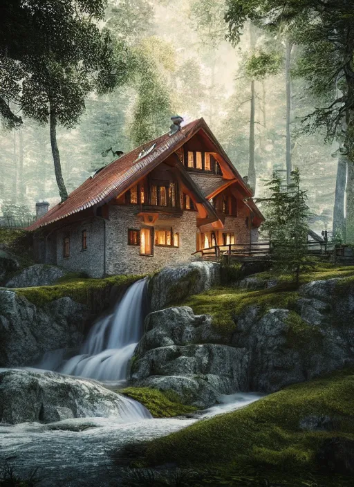 Prompt: beautiful large scandinavian house in the forest on a hill, a large waterfall flows down from the mountain in the background, octane render, fabulous, hyper detailed, random cinematic view, no noise, global illumination, warm lighting, volumetric, godrays, vivid, by jordan grimmer