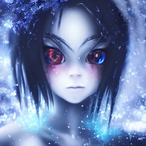 Prompt: photorealistic full body shot of masterpiece!! angry darkness android anime girl!!, beautifull lovely eyes, electric aura with particles, snowing frozen ice, darkness background, inspired by tim burton, detailed, unreal engine 4 k, volumetric light, fog