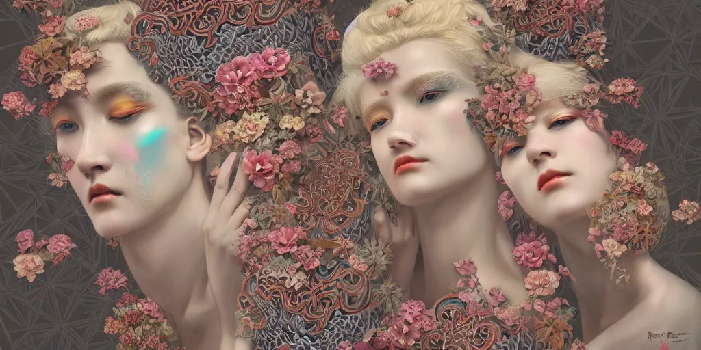 Image similar to breathtaking detailed concept art painting kaleidoscope art deco pattern of blonde faces goddesses amalmation flowers, by hsiao - ron cheng, bizarre compositions, exquisite detail, extremely moody lighting, 8 k