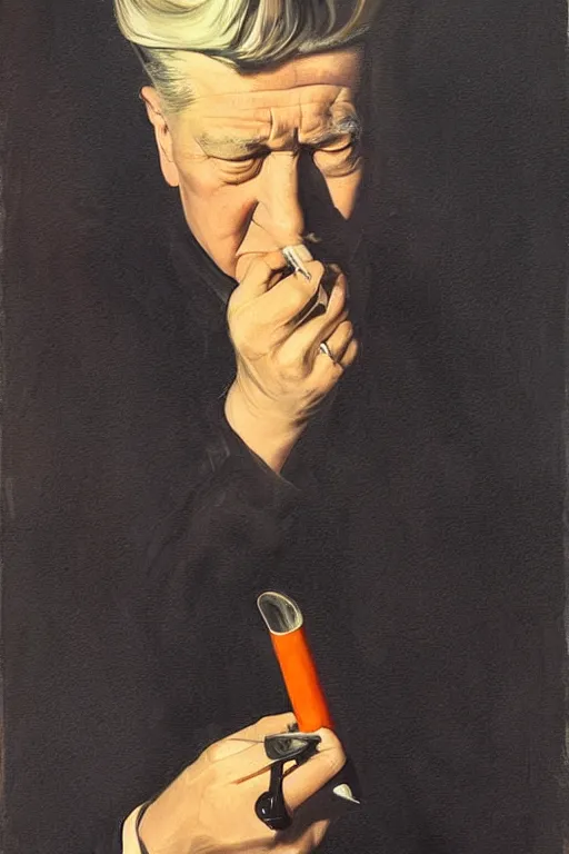 Image similar to david lynch smoking cigarette, lit by cigarette, billowing smoke, dark orange glow, painting by jc leyendecker!! phil hale!, lynchian!!!! ominious, dark lighting, angular, brush strokes, painterly, vintage, crisp