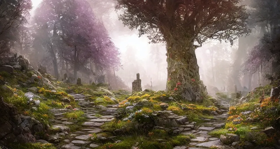 Image similar to Beautiful uplifting glade bg. Elven stone monuments along the pathway. J.R.R. Tolkien's Middle-Earth. Trending on Artstation. Digital illustration. Artwork by Darek Zabrocki and Sylvain Sarrailh. Concept art, Concept Design, Illustration, Marketing Illustration, 3ds Max, Blender, Keyshot, Unreal Engine, ZBrush, 3DCoat, World Machine, SpeedTree, 3D Modelling, Digital Painting, Matte Painting, Character Design, Environment Design, Game Design, After Effects, Maya, Photoshop.