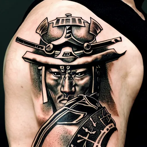 Prompt: A hyper-realistic tattoo design of a samurai warrior carrying a sword and a shield and wearing realistic samurai armor, faded background of a Japanese landscape, black and white