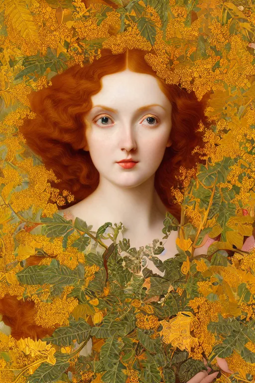 Prompt: masterpiece beautiful seductive flowing curves preraphaelite face portrait of lily cole amongst leaves, extreme close up shot, yellow ochre ornate medieval dress, branching abstract decorate structural circle, halo, amongst foliage, gold gilded circle halo, kilian eng and frederic leighton and rosetti, 4 k