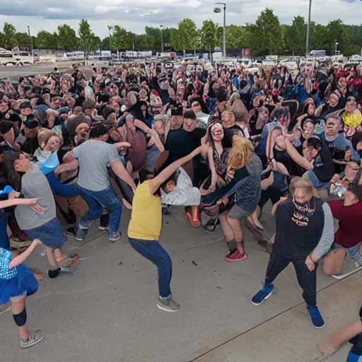 Prompt: a mosh pit in an empty Walmart parking lot