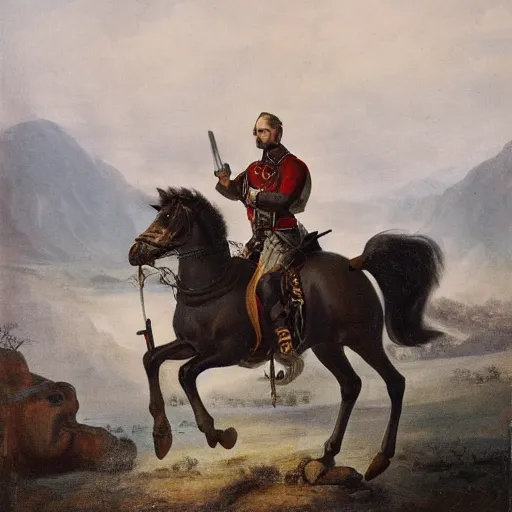 Prompt: portrait of a man mounted on horseback while raising a sword with his right hand pointed north, behind him 1 0 0 0 people can be seen fighting with swords and muskets typical of the war of independence, low light, cloudy, mountains in the foggy background