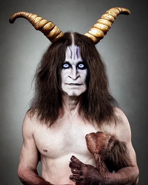 Image similar to actor Ozzy Osborne in Elaborate Pan Satyr Goat Man Makeup and prosthetics designed by Rick Baker, Hyperreal, Head Shots Photographed in the Style of Annie Leibovitz, Studio Lighting