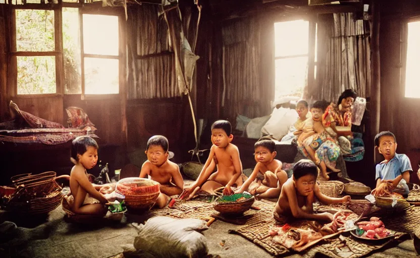Prompt: a cinematic photograph of an Indonesian family inside their traditional house, by Gregory Crewdson, shot on 35mm film camera, natural lighting, 8K,