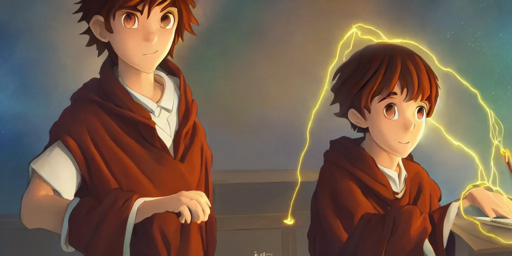 Image similar to a young boy mage with a brown cloak and brown hair is standing at his desk working on a new spell, colorful, flowing energy, light rays, anime boy, boy, consistent face, anime boy face, medium shot, waist up, pixar and disney animation, sharp, concept art, highly detailed, trending on artstation, bloom, dramatic lighting, cinematic