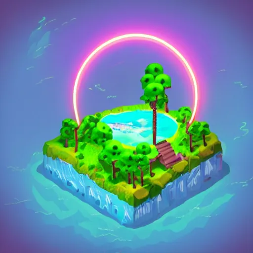 Image similar to isometric half sphere island on neon background, isometric invironment, 3d art, isometric art, high detail, artstation, concept art, behance, ray tracing, smooth, sharp focus, ethereal lighting