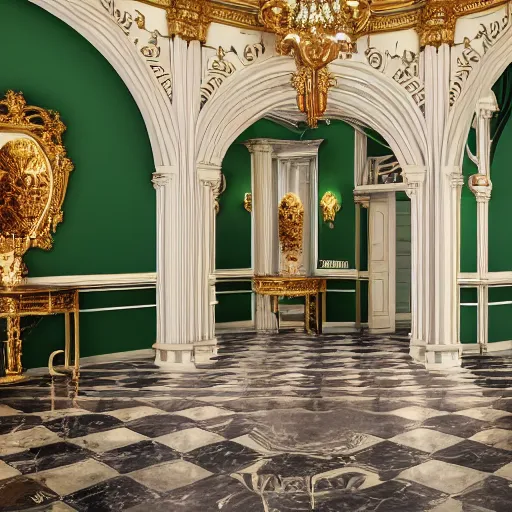 Image similar to a realistic photo of a large lavish victorian style mansion entrance hall made entirely of malachite with golden accents on the walls, and a dark marble floor; cinematic lens, 8K award-winning photo