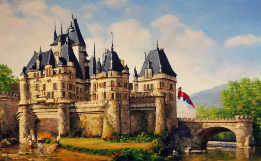 Prompt: a realistic French oil painting of a castle built from lego bricks