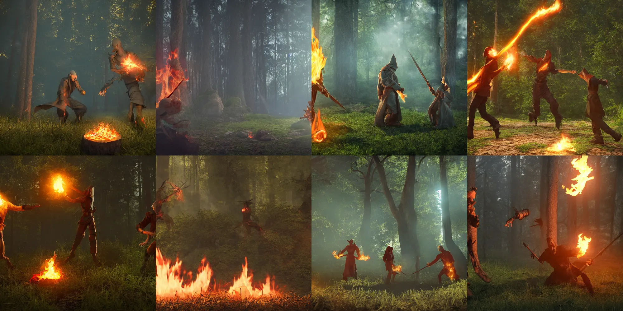 Prompt: two nuclear wizards dueling in the forest, terrible heat and flame, octane render, dynamic lighting